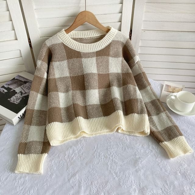 Long-Sleeve Crew Neck Gingham Sweater - Plaid - Khaki