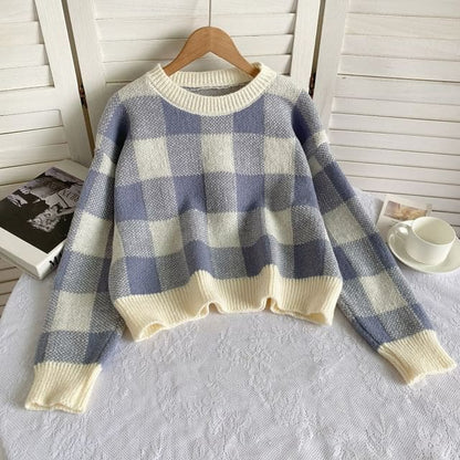 Long-Sleeve Crew Neck Gingham Sweater - Plaid - Light Blue