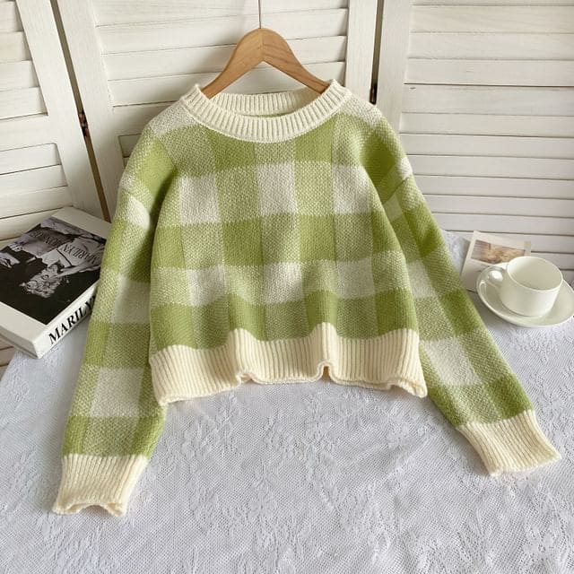 Long-Sleeve Crew Neck Gingham Sweater - Plaid - Light Green