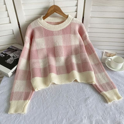 Long-Sleeve Crew Neck Gingham Sweater - Plaid - Pink