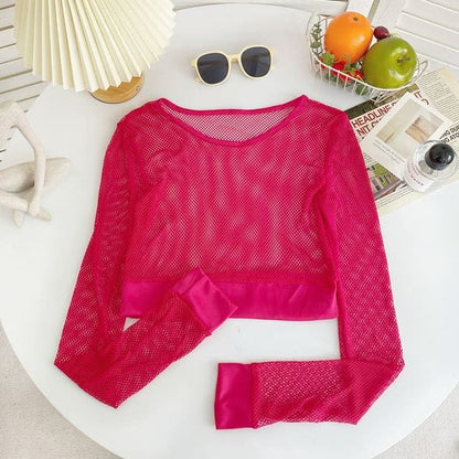 Long-Sleeve Crew Neck Plain Mesh Crop Top - Dark Rose Pink