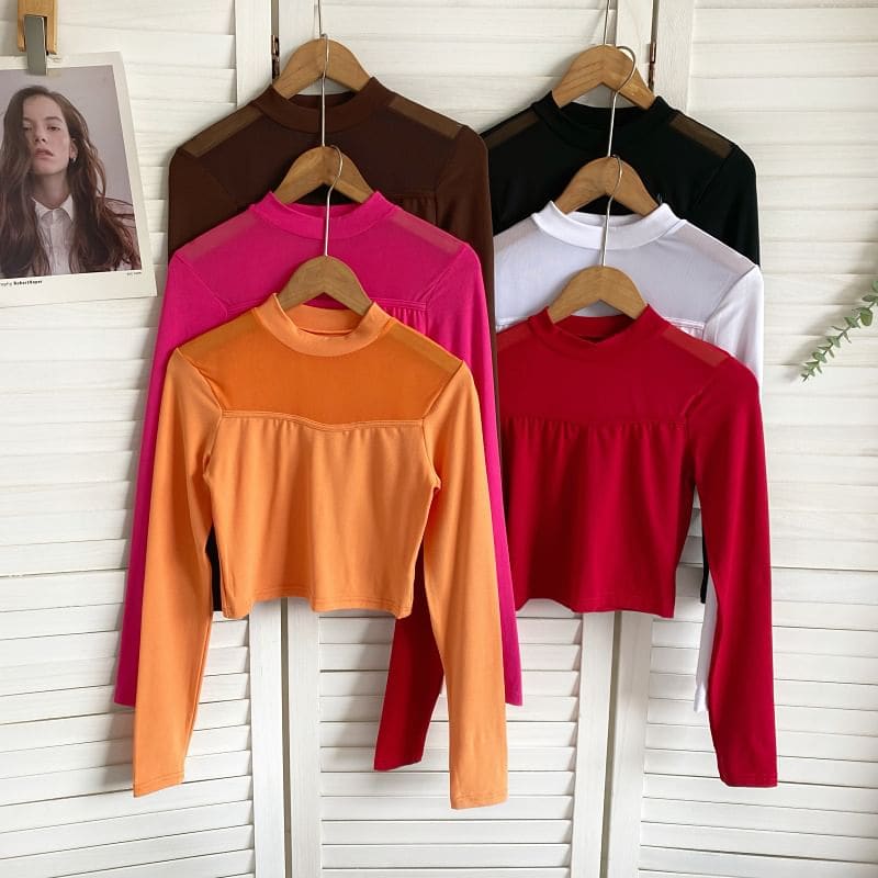 Long-Sleeve Crew Neck Plain Mesh Panel Crop T-Shirt