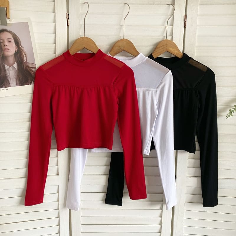 Long-Sleeve Crew Neck Plain Mesh Panel Crop T-Shirt