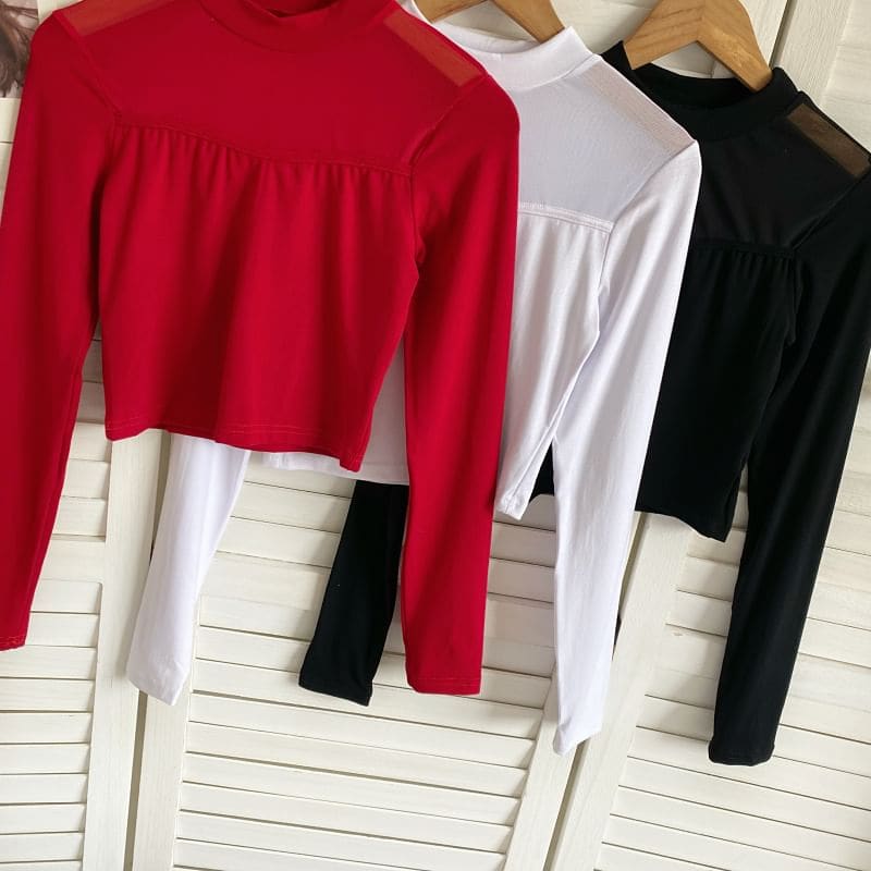 Long-Sleeve Crew Neck Plain Mesh Panel Crop T-Shirt