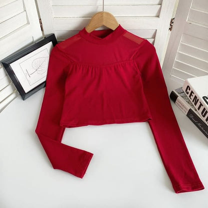 Long-Sleeve Crew Neck Plain Mesh Panel Crop T-Shirt - Red