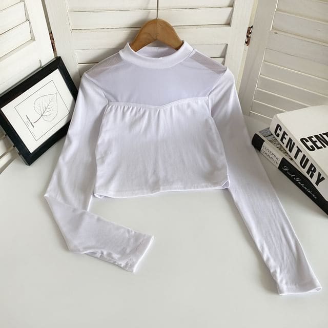 Long-Sleeve Crew Neck Plain Mesh Panel Crop T-Shirt - White