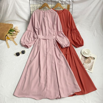 Long-Sleeve Crew Neck Plain Sashed Midi A-Line Dress