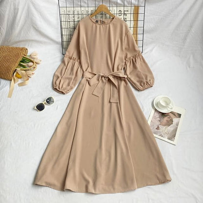 Long-Sleeve Crew Neck Plain Sashed Midi A-Line Dress