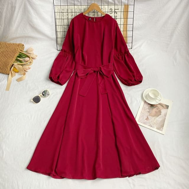 Long-Sleeve Crew Neck Plain Sashed Midi A-Line Dress - Wine