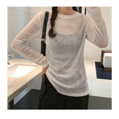 Long Sleeve Crew Neck Plain Sheer Knit Top