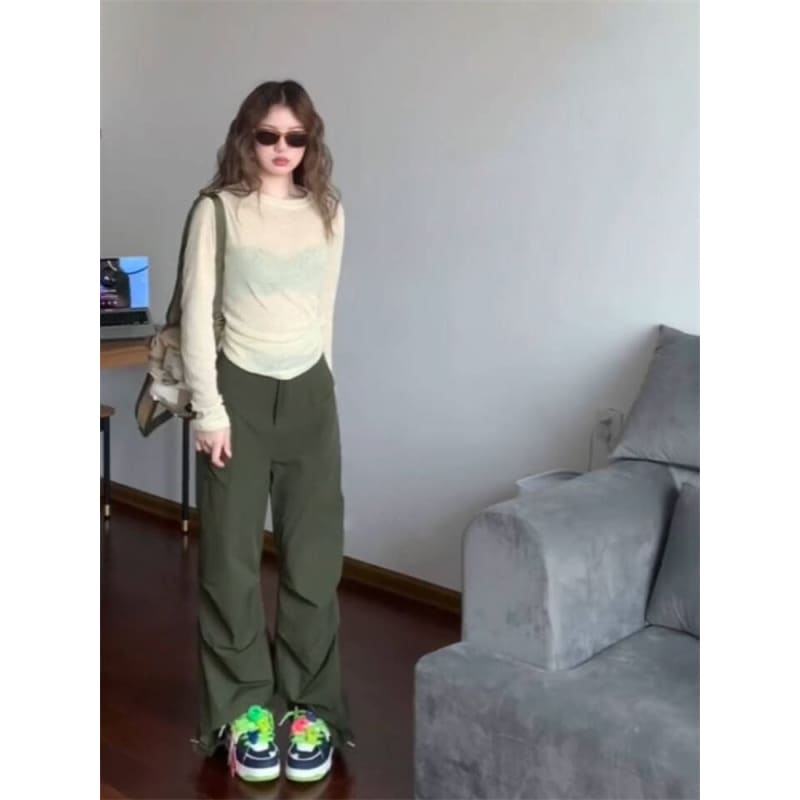 Long Sleeve Crew Neck Plain Sheer Knit Top