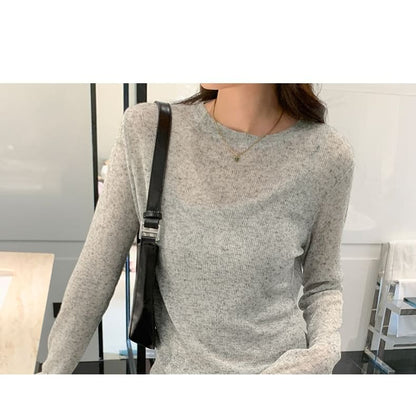 Long Sleeve Crew Neck Plain Sheer Knit Top