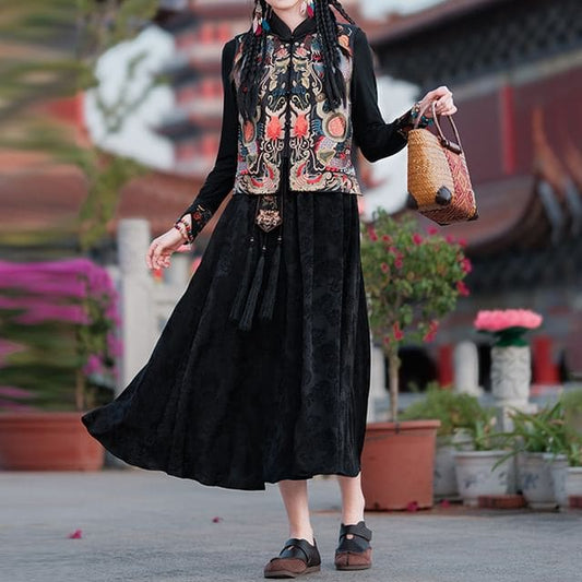 Long-Sleeve Crew Neck Plain T-Shirt / Mid Rise Hanfu Floral