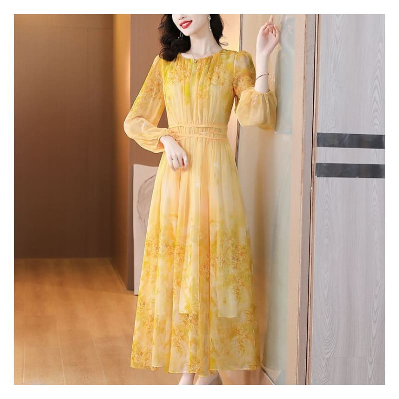 Long-Sleeve Crew Neck Print Maxi A-Line Dress