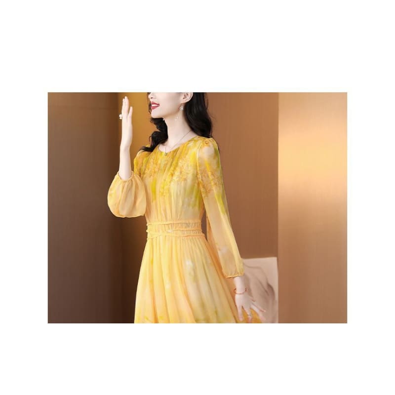 Long-Sleeve Crew Neck Print Maxi A-Line Dress