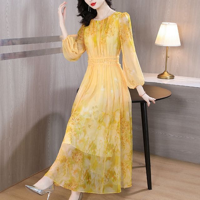 Long-Sleeve Crew Neck Print Maxi A-Line Dress