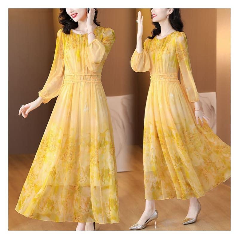 Long-Sleeve Crew Neck Print Maxi A-Line Dress