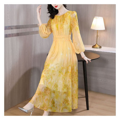 Long-Sleeve Crew Neck Print Maxi A-Line Dress