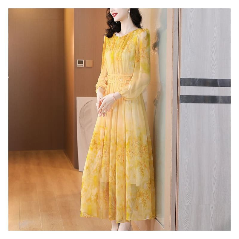 Long-Sleeve Crew Neck Print Maxi A-Line Dress