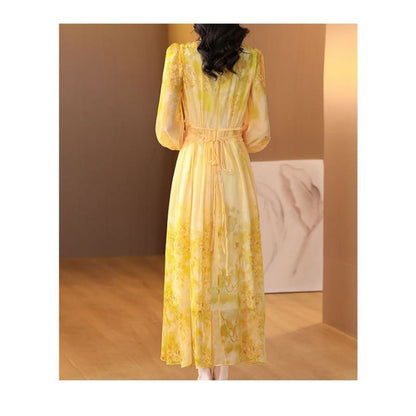 Long-Sleeve Crew Neck Print Maxi A-Line Dress