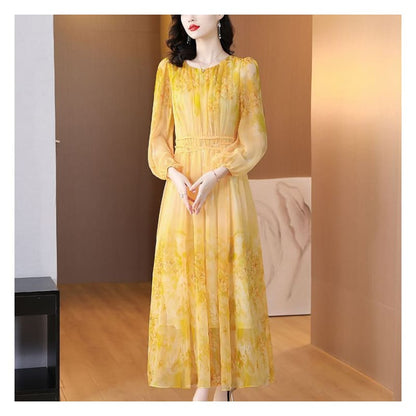 Long-Sleeve Crew Neck Print Maxi A-Line Dress