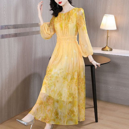 Long-Sleeve Crew Neck Print Maxi A-Line Dress - Yellow / M