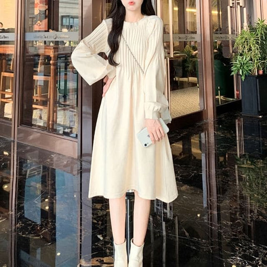 Long-Sleeve Crewneck Plain Knit A-Line Dress - Dresses