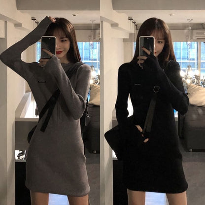 Long-Sleeve Crewneck Plain Mini Bodycon Dress