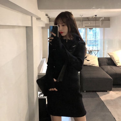 Long-Sleeve Crewneck Plain Mini Bodycon Dress