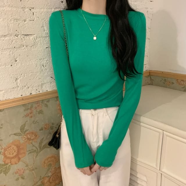 Long-Sleeve Crewneck Plain T-Shirt - Emerald / One Size