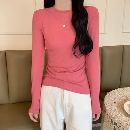 Long-Sleeve Crewneck Plain T-Shirt - Pink / One Size