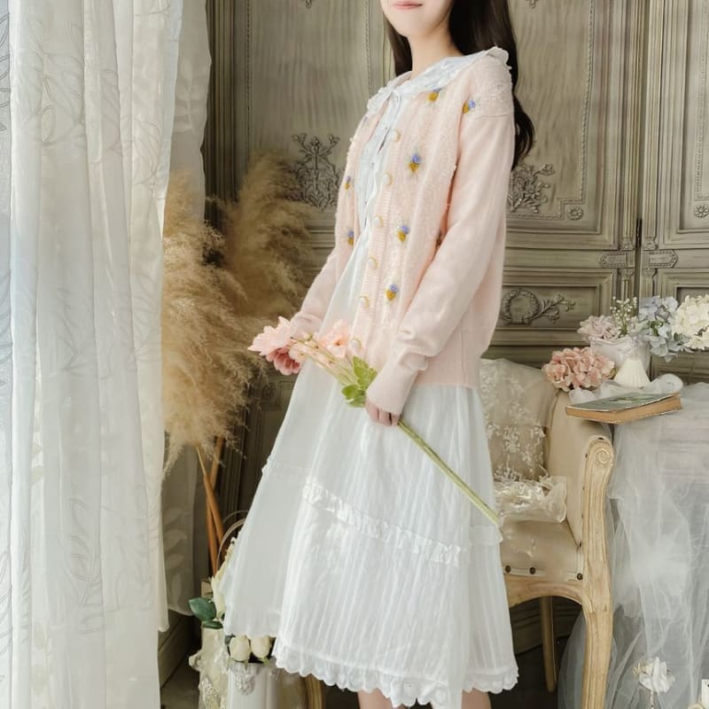 Long-Sleeve Doll Collar Plain Frill Trim Faux Pearl