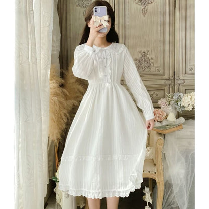 Long-Sleeve Doll Collar Plain Frill Trim Faux Pearl