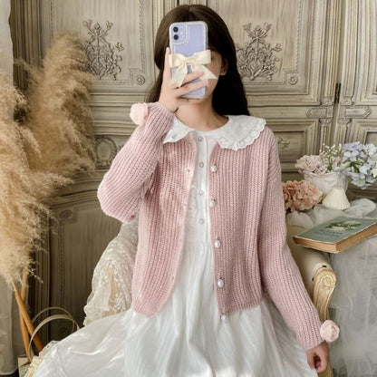 Long-Sleeve Doll Collar Plain Frill Trim Faux Pearl