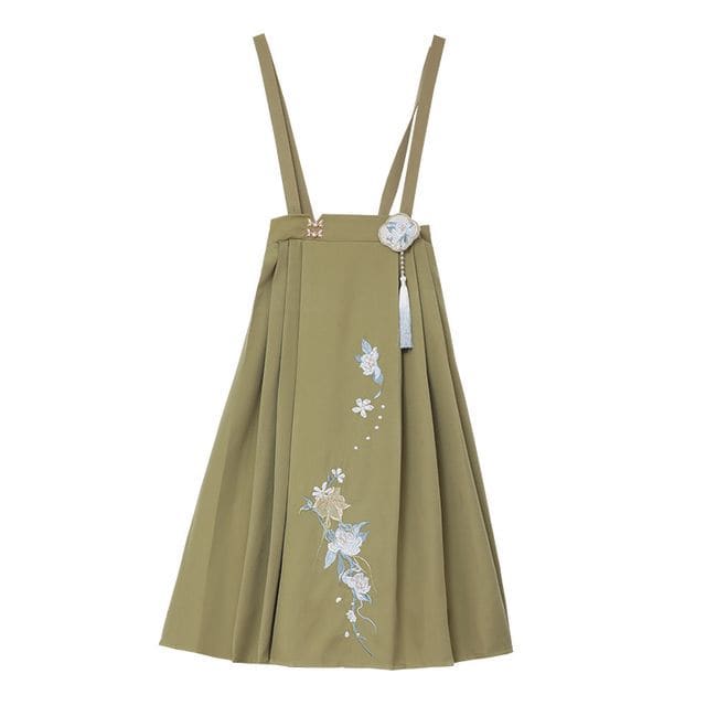 Long-Sleeve Embroidered Shirt / Maxi Pinafore Skirt / Set