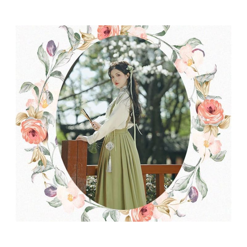 Long-Sleeve Embroidered Shirt / Maxi Pinafore Skirt / Set