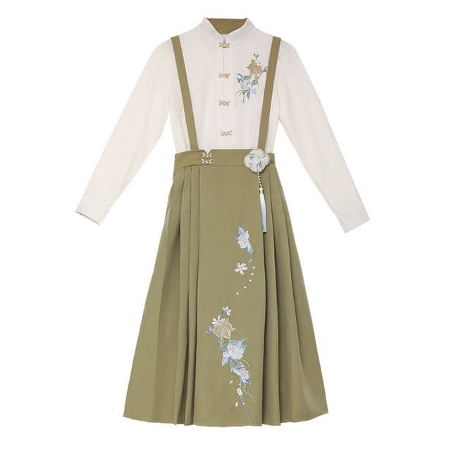 Long-Sleeve Embroidered Shirt / Maxi Pinafore Skirt / Set