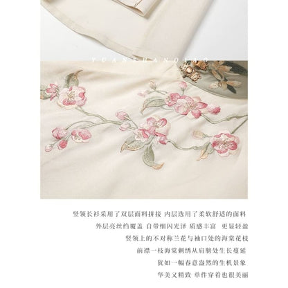 Long-Sleeve Floral Embroidered Hanfu Top / Fluffy Collar