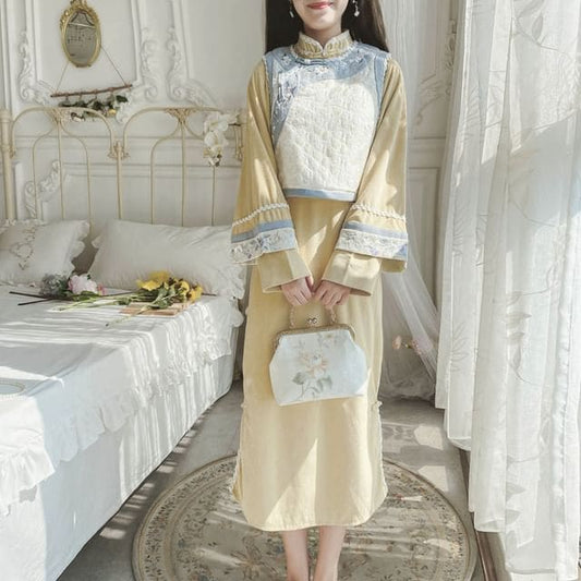 Long-Sleeve Floral Embroidered Panel Midi A-Line Qipao