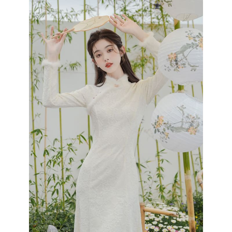 Long-Sleeve Floral Fluffy Trim Midi Mermaid Qipao