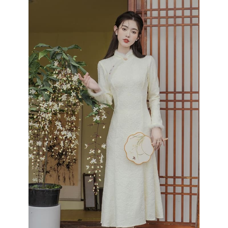 Long-Sleeve Floral Fluffy Trim Midi Mermaid Qipao