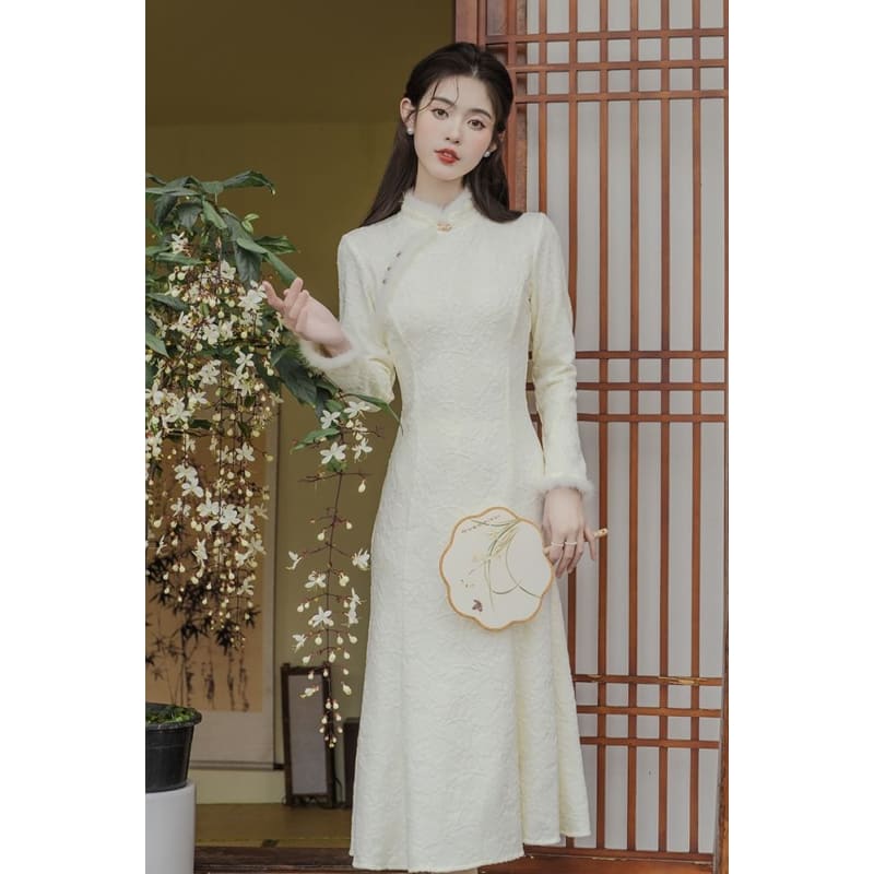 Long-Sleeve Floral Fluffy Trim Midi Mermaid Qipao