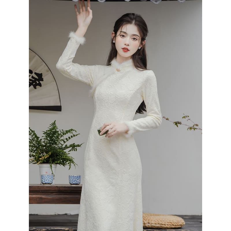 Long-Sleeve Floral Fluffy Trim Midi Mermaid Qipao