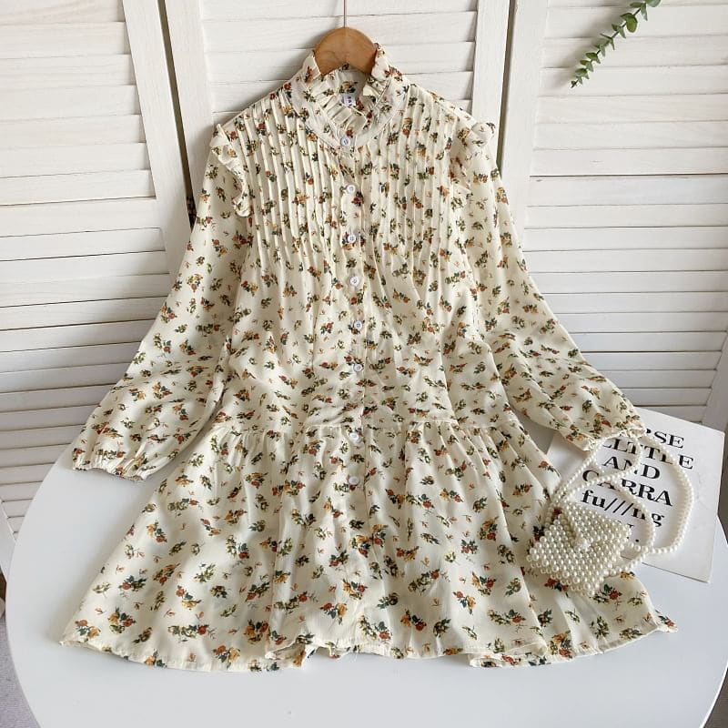 Long-Sleeve Floral Frill Trim Button A-Line Dress