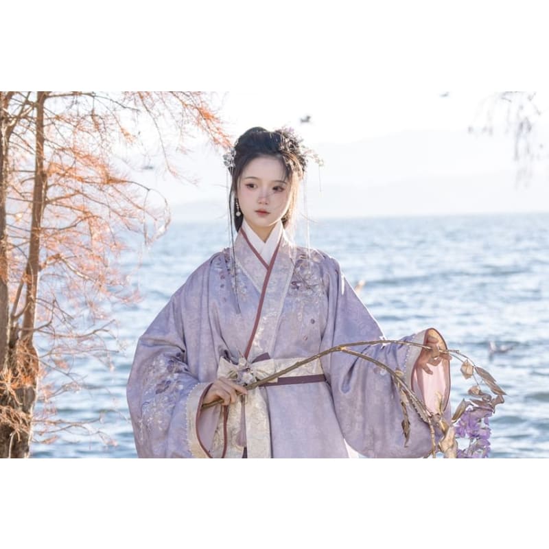 Long-Sleeve Floral Print Hanfu Robe / Sash / High Waist