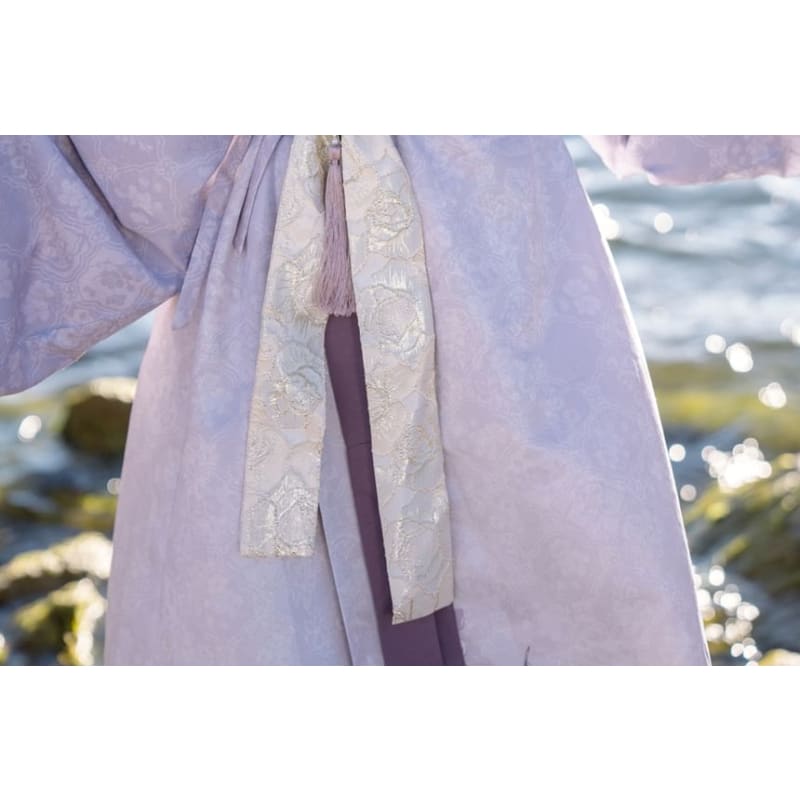 Long-Sleeve Floral Print Hanfu Robe / Sash / High Waist