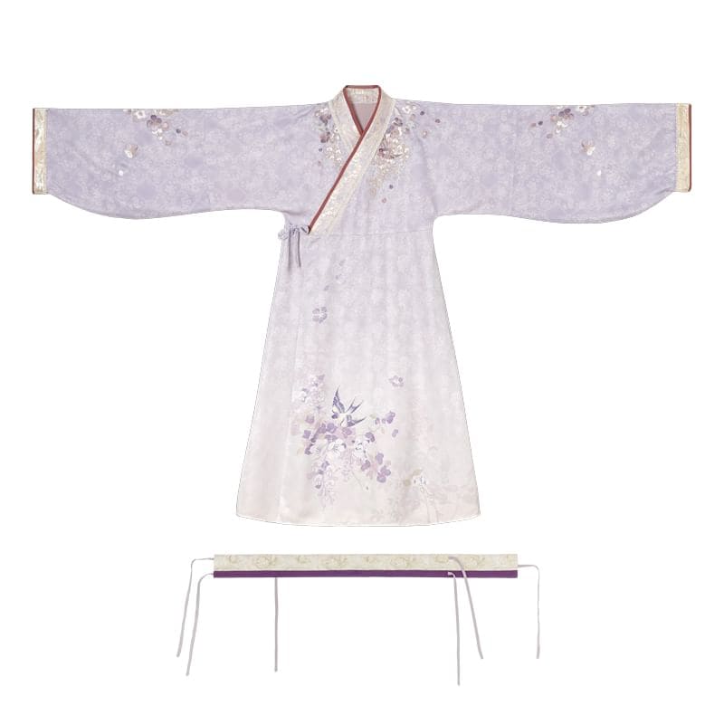 Long-Sleeve Floral Print Hanfu Robe / Sash / High Waist