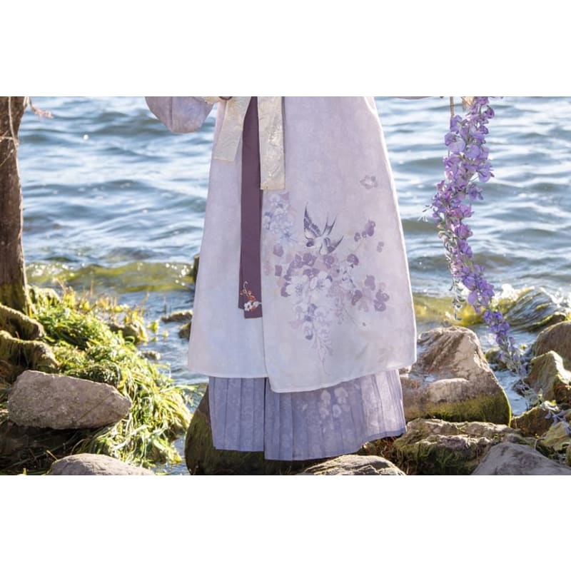 Long-Sleeve Floral Print Hanfu Robe / Sash / High Waist