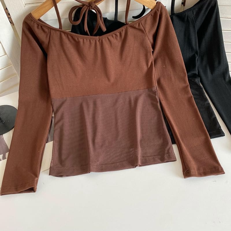 Long-Sleeve Halter Off-Shoulder Mesh Panel T-Shirt