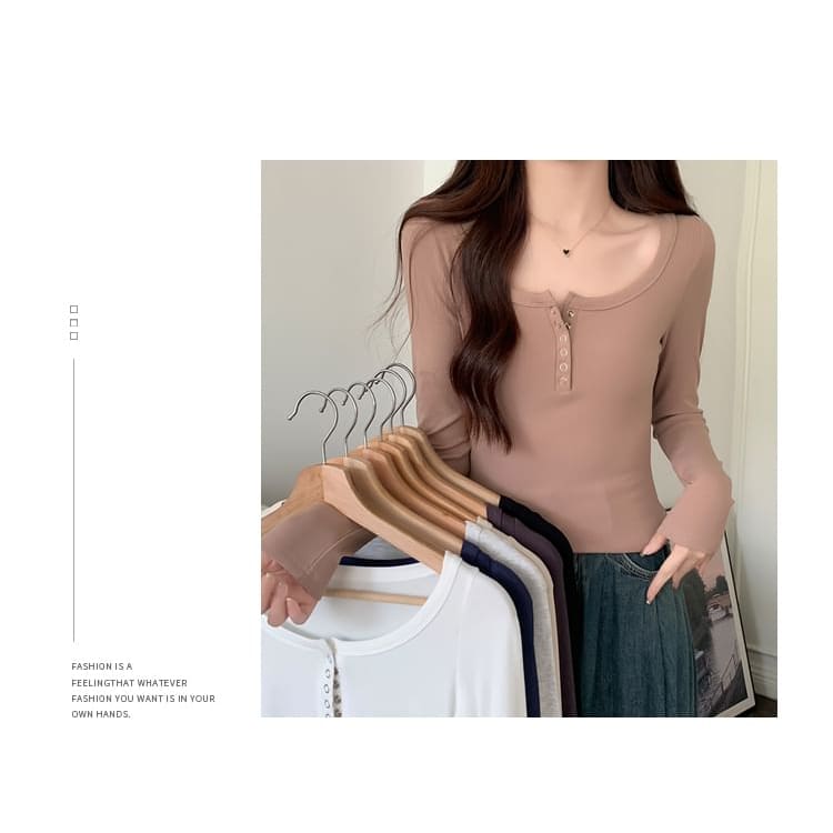 Long-Sleeve Henley Ribbed Crop Slim Fit T-Shirt